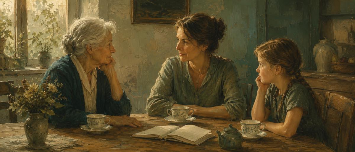 A classical painting of people telling stories, sliced into a grid
